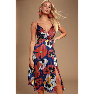 Lulus All About Love Royal Blue Floral Print Midi Dress - Size XS